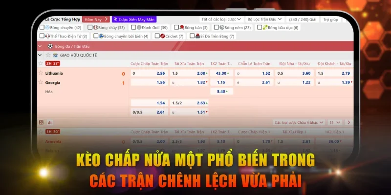 Kèo chấp nửa một phổ biến trong các trận chênh lệch vừa phải